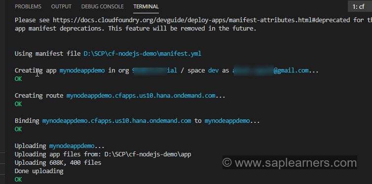 Create and Deploy NodeJS app with SCP Cloud Foundry CLI Step7