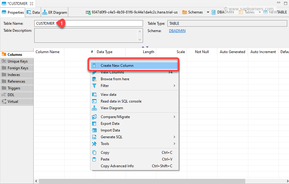 Create Table in DBeaver for SAP HANA Cloud Step2