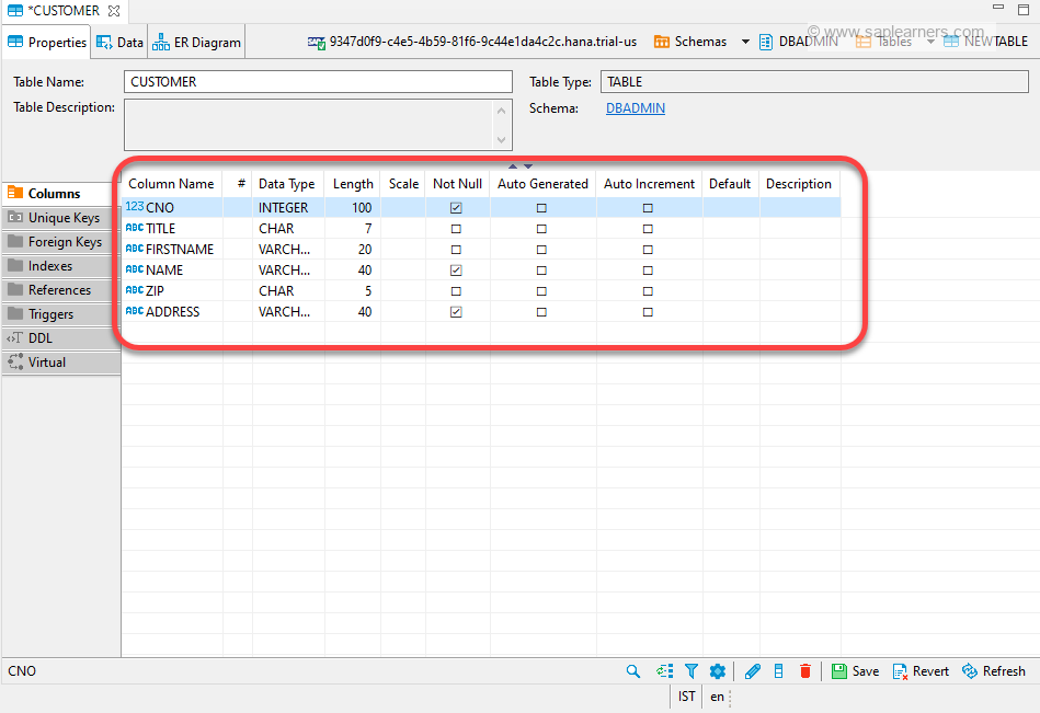 Create Table in DBeaver for SAP HANA Cloud Step4