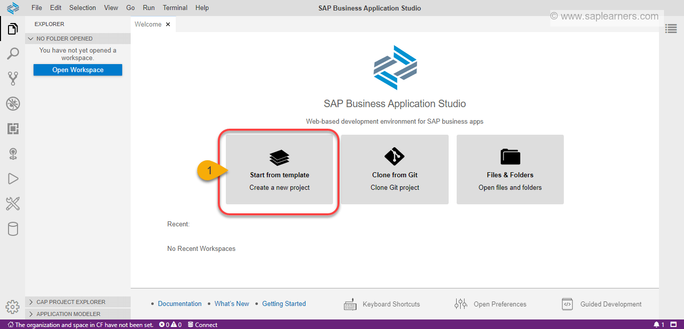 Create a CAP Project in SAP Business Application Studio Step1