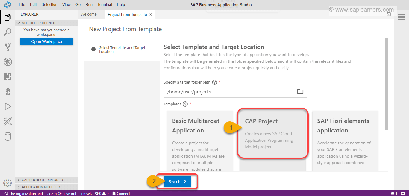 Create a CAP Project in SAP Business Application Studio Step2