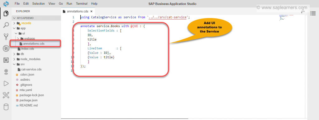 Create a UI for CAP Project in SAP Business Application Studio Step6