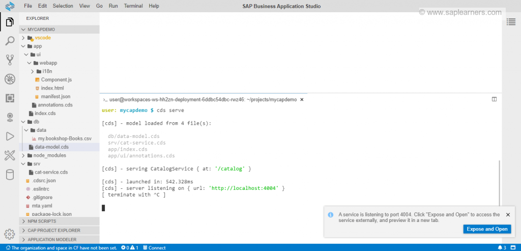 Test and Run CAP Project in SAP Business Application Studio Step2