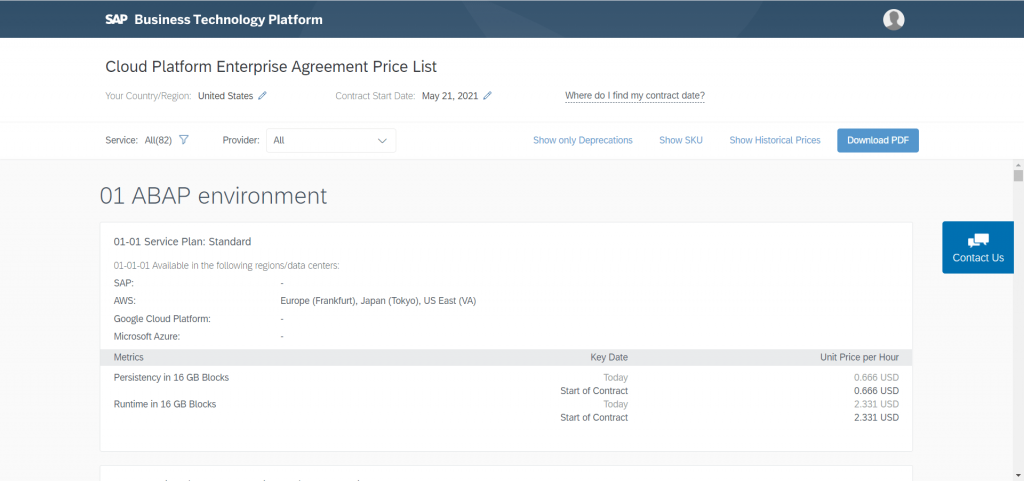 Cloud Platform Enterprise Agreement Price List