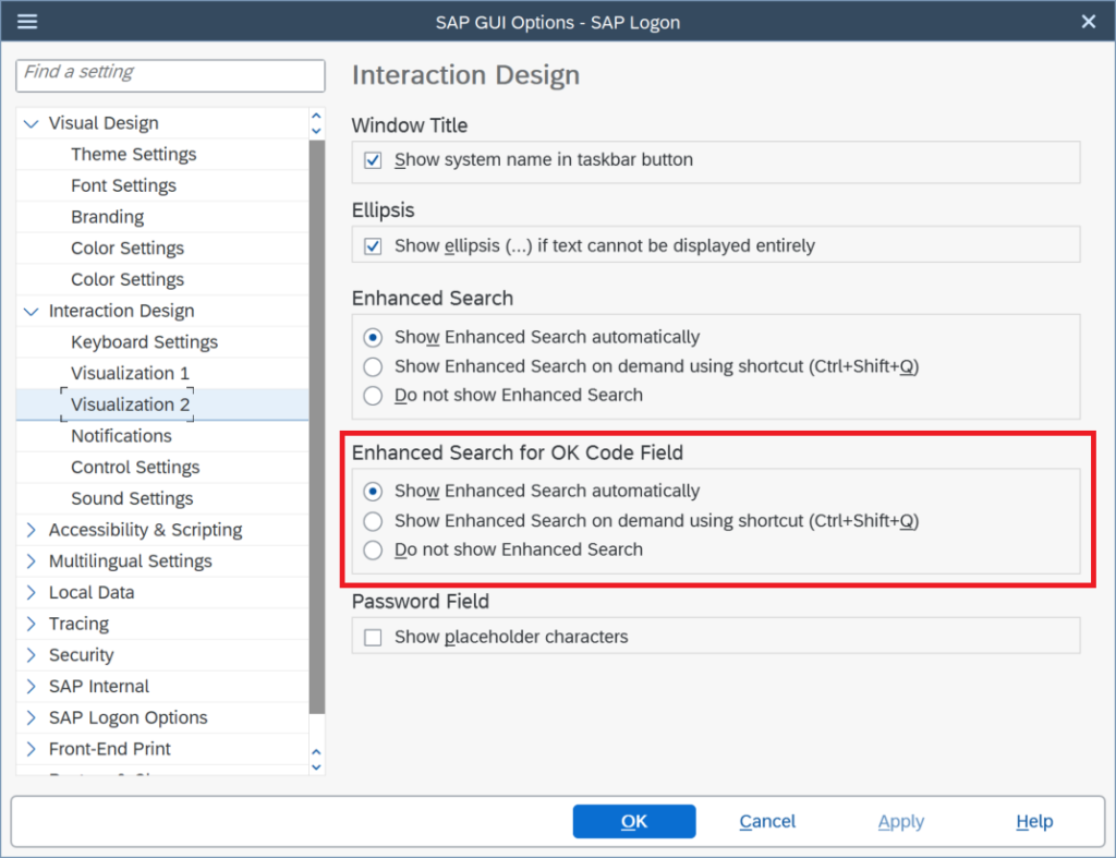 Enable Enhanced Search for OK code in SAP GUI
