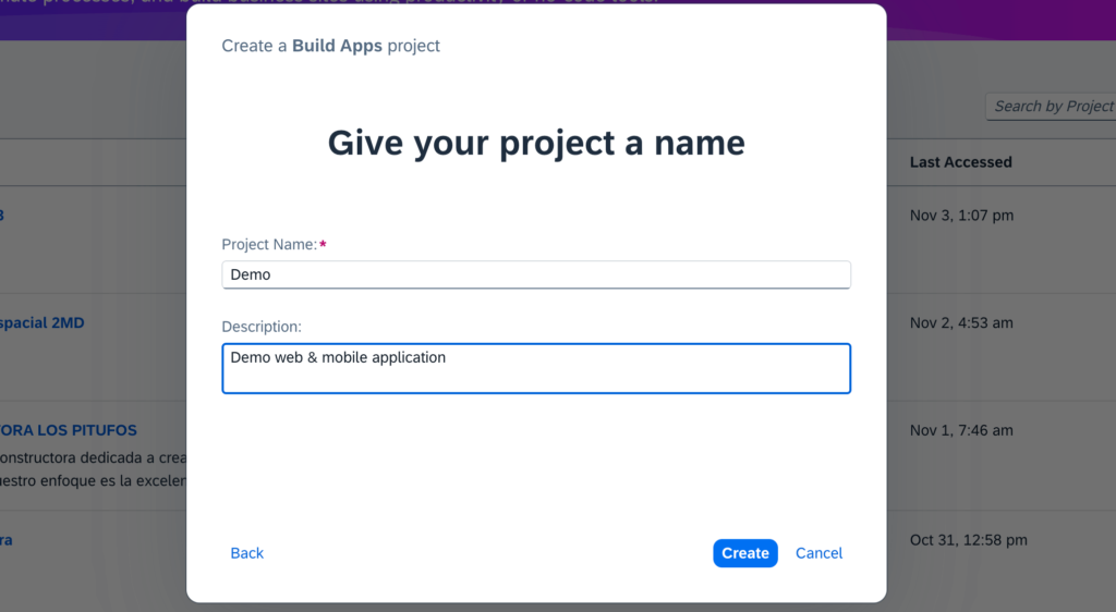 SAP Build Apps Create Project