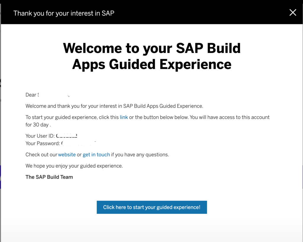 SAP Build Apps Guided Experience Login Details
